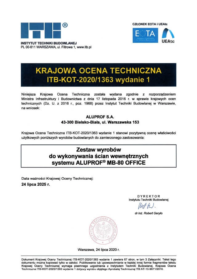 Krajowa Ocena Techniczna ITB dla systemu ścian wewnętrznych MB-80 OFFICE